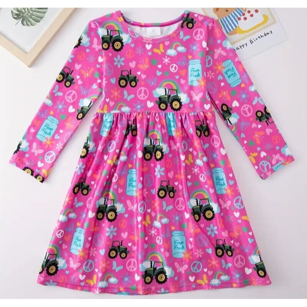 Country Girl Farming Tractor Dress - Cozy Polyester, Long Sleeve, Crew Neck 6/7Y